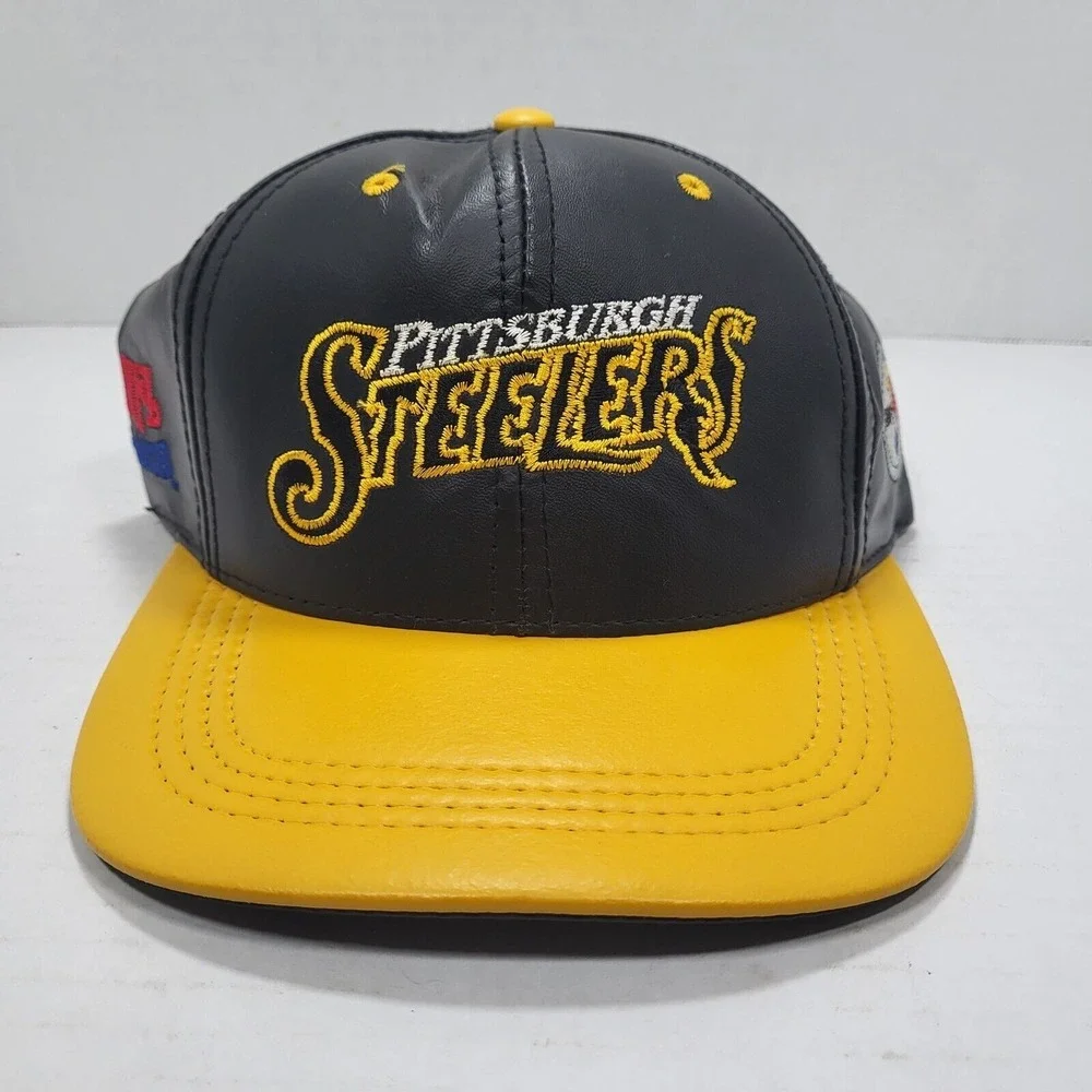 Vtg Pittsburgh Steelers Genuine Leather Snapback‎ Hat Modern One Size Fits All