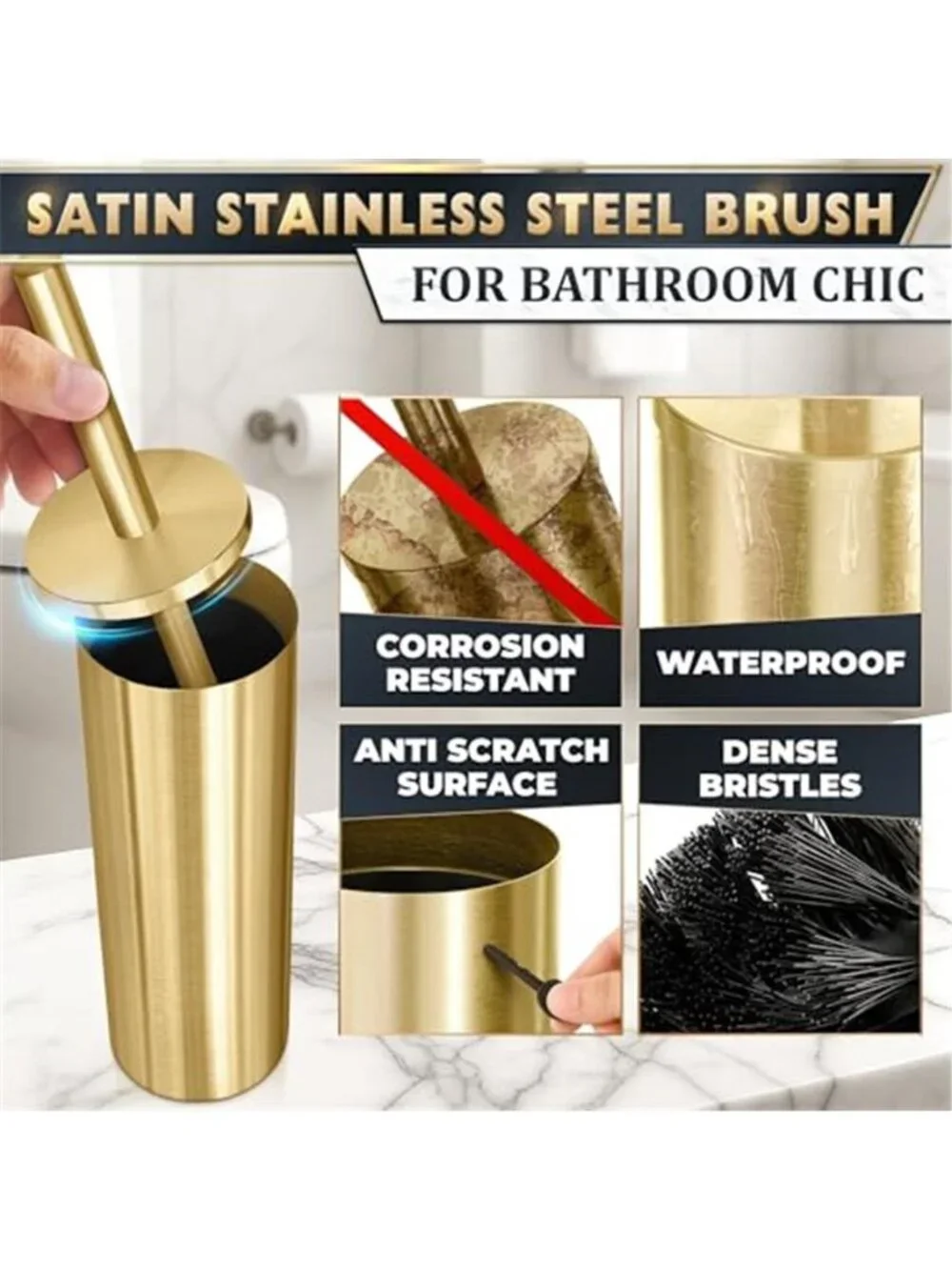 Gold Toilet Brush Holder Stainless Steel Bathroom Cleaning Brush Modern Set