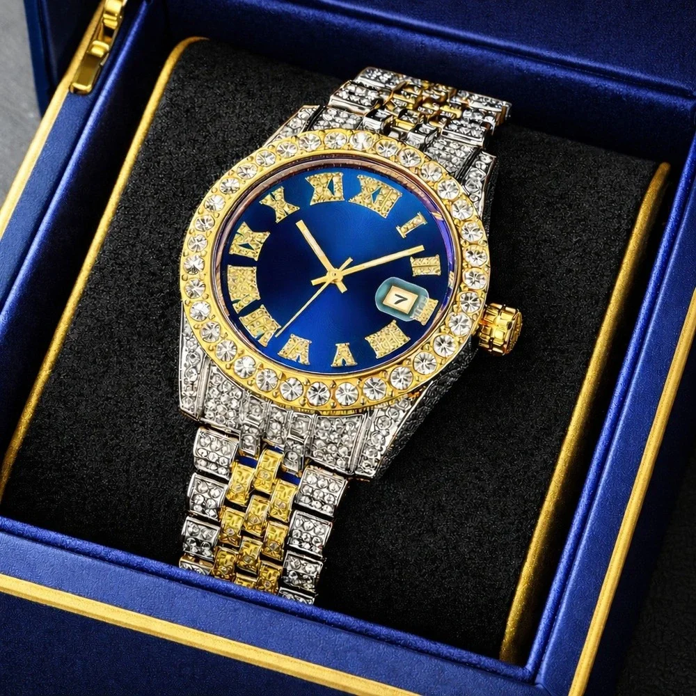 Watch Men Silver, Blue & Gold Rhinestones with Blue Face Roman‎ Scale Calendar