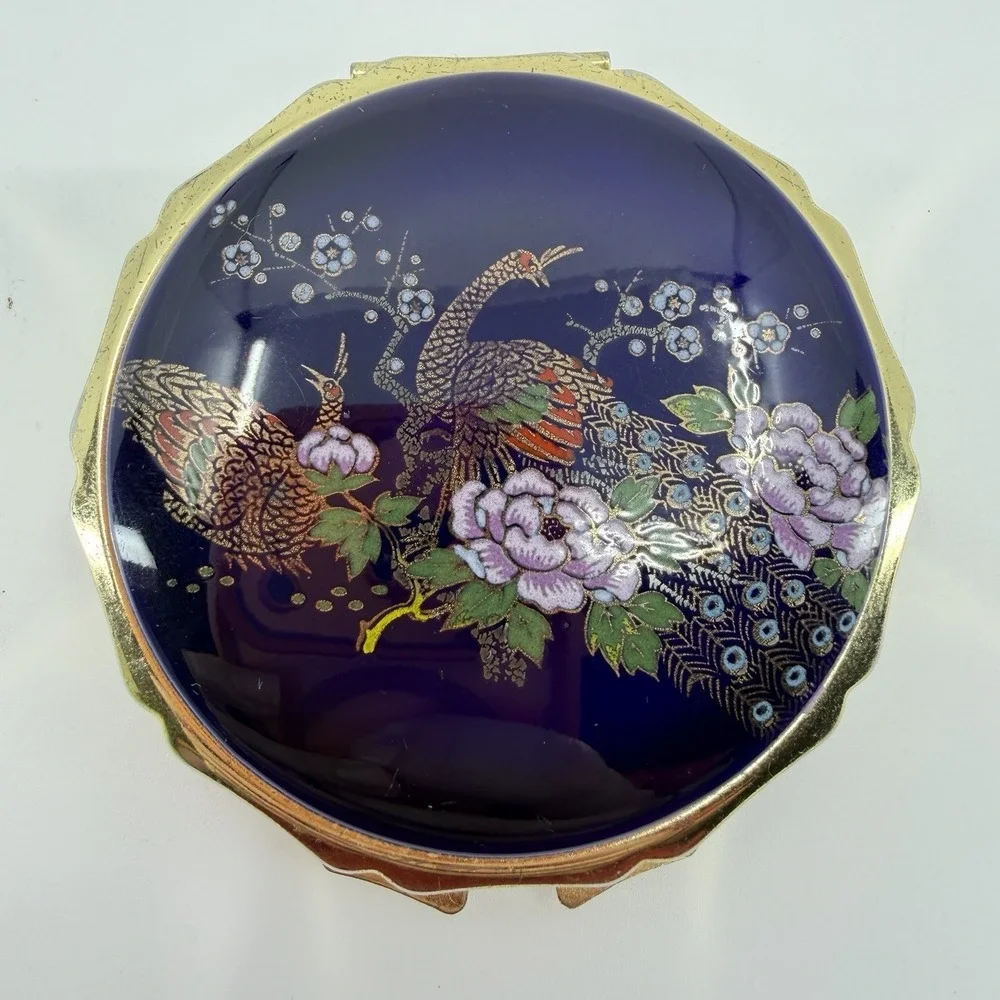 Vintage Japanese Satsuma Style Peacock Porcelain‎ Makeup Powder Compact Mirror