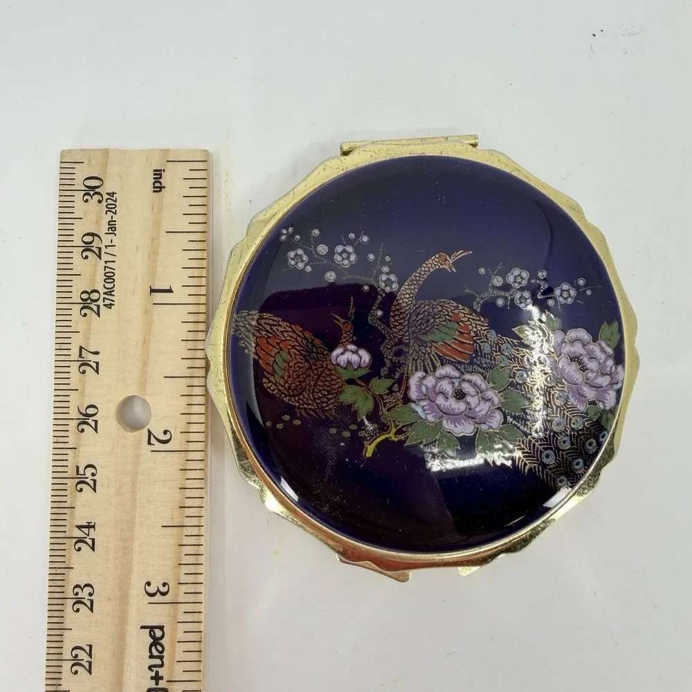 Vintage Japanese Satsuma Style Peacock Porcelain‎ Makeup Powder Compact Mirror