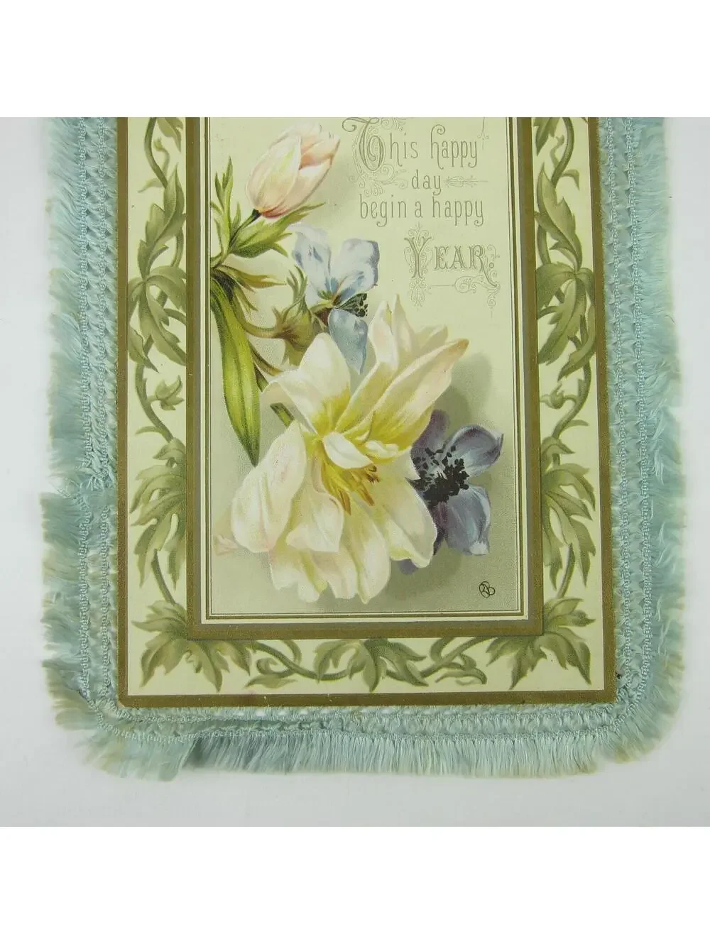 Victorian Card XL New Years Flowers Blue Silk Fringe Double Sided Antique 1886