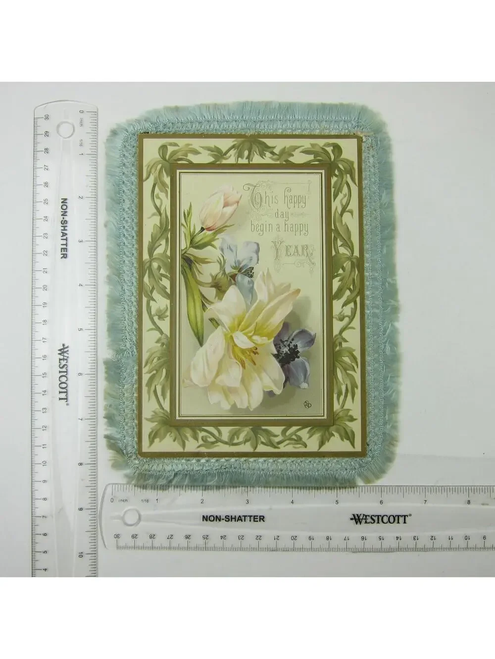 Victorian Card XL New Years Flowers Blue Silk Fringe Double Sided Antique 1886