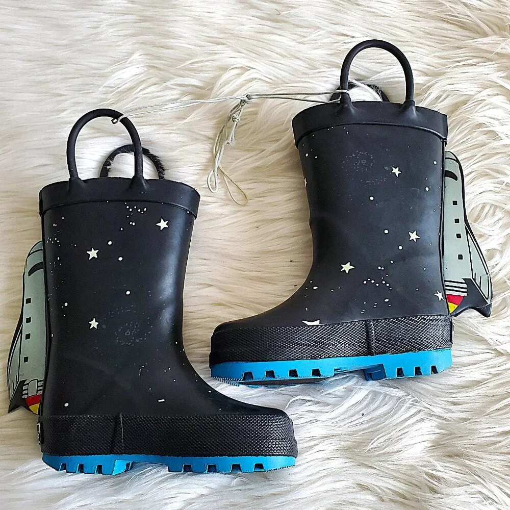 Carter's Kid's Black/Blue 4-D Space Rocket Waterproof Unisex Rain Boots SZ 4
