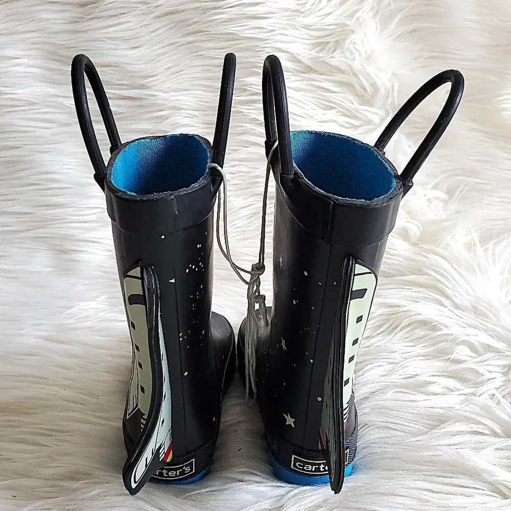 Carter's Kid's Black/Blue 4-D Space Rocket Waterproof Unisex Rain Boots SZ 4