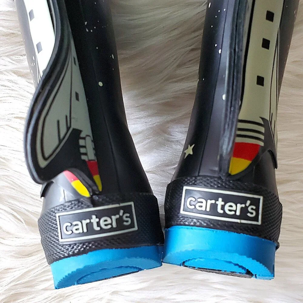 Carter's Kid's Black/Blue 4-D Space Rocket Waterproof Unisex Rain Boots SZ 4