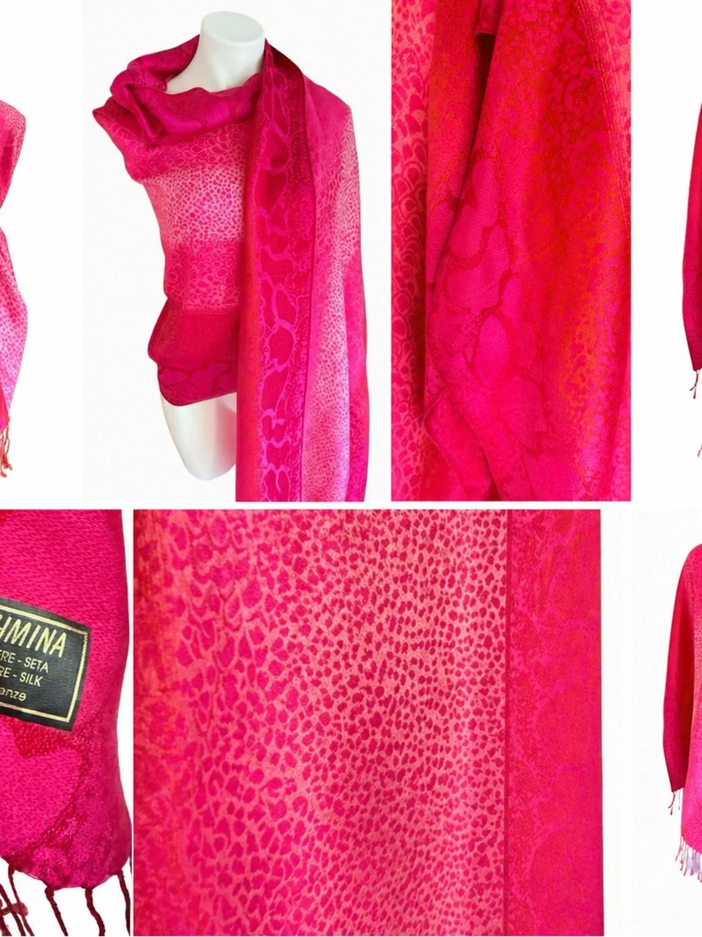 Pashmina Cashmere Silk Wrap Shawl Hot Pink Jacquard Fringe Italy Firenze
