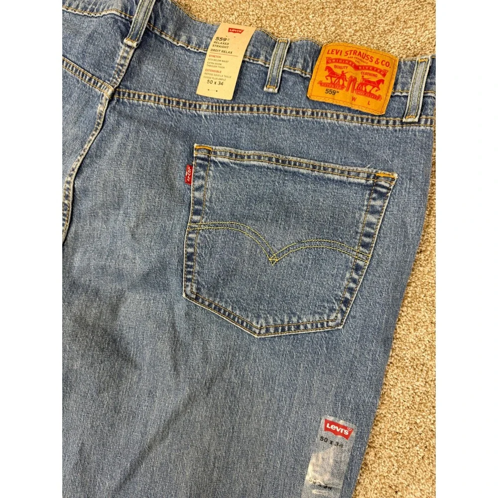 NEW Levis 559 Relaxed Straight Mens Blue Stretch Jeans 50x34 Irregular Workwear