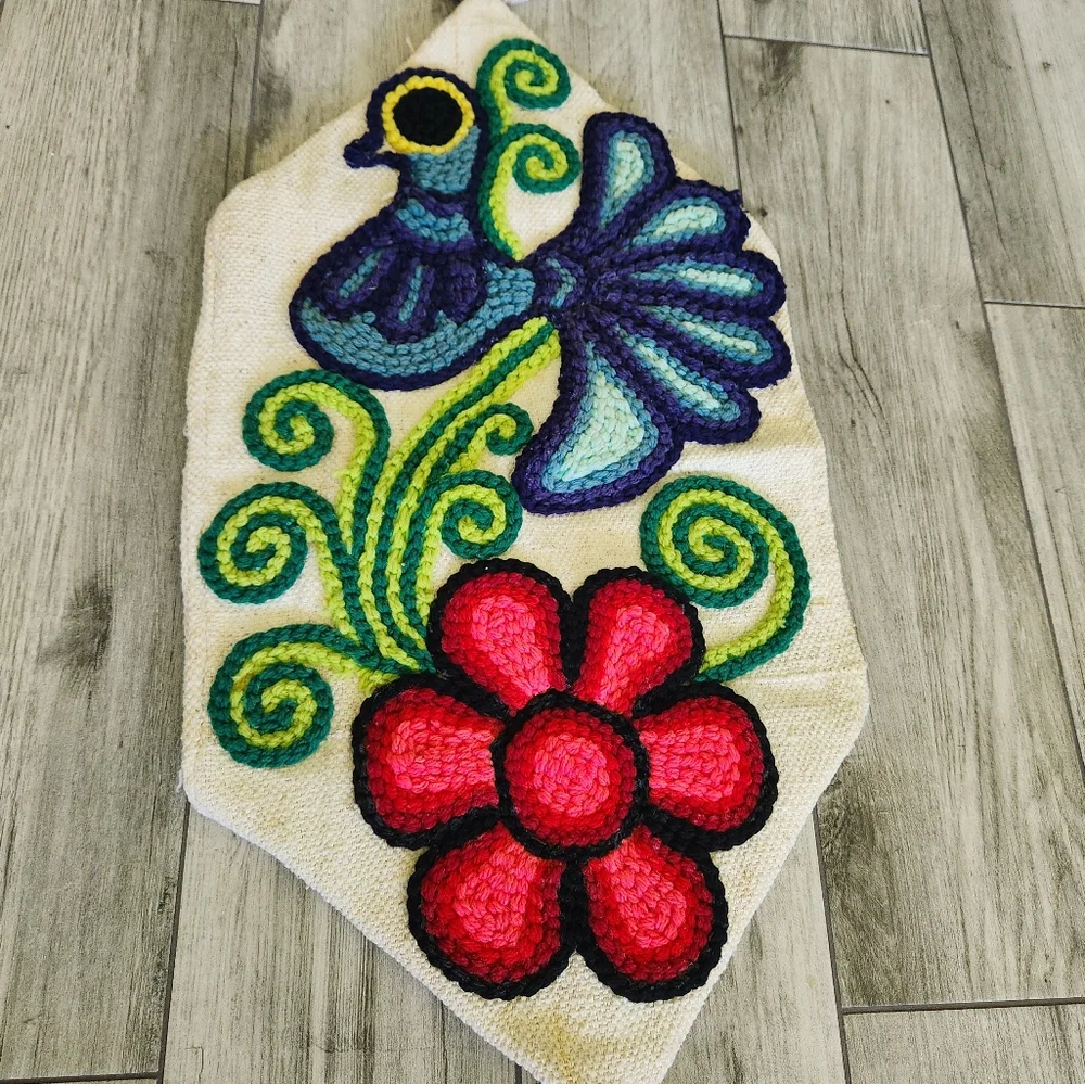 Rare Vintage Bohemiam Folkart Crewel Tapestry Canvas Embroidered Bird Hanging