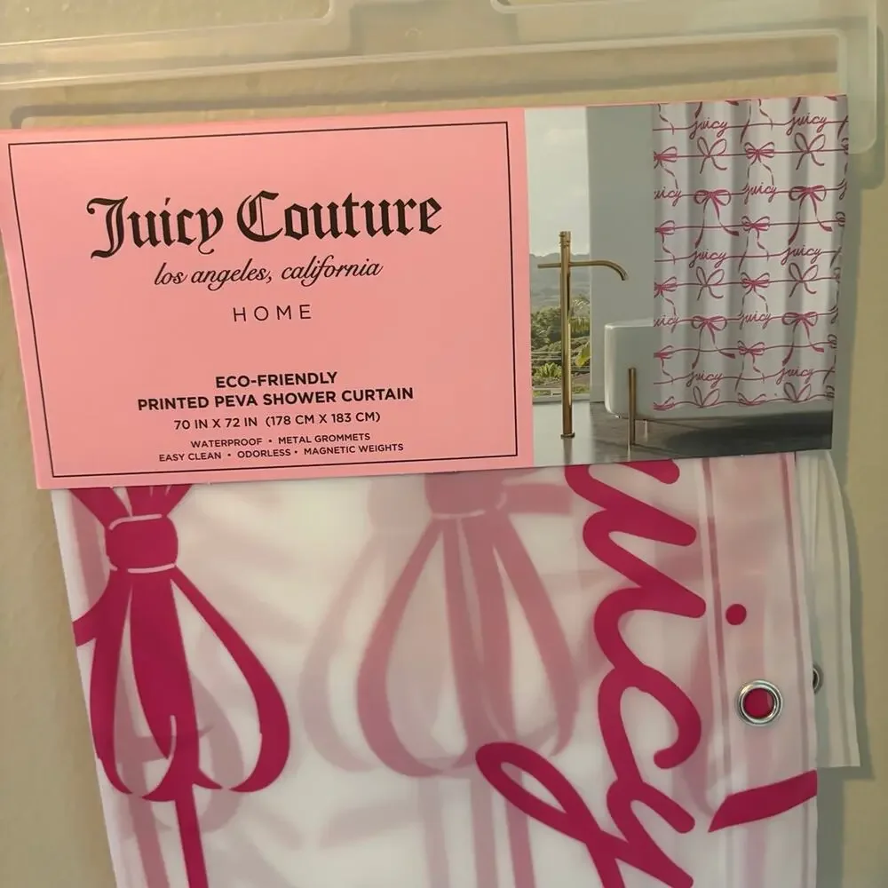 Juicy Couture Pink Ribbon & Logo Print Shower Curtain NWT