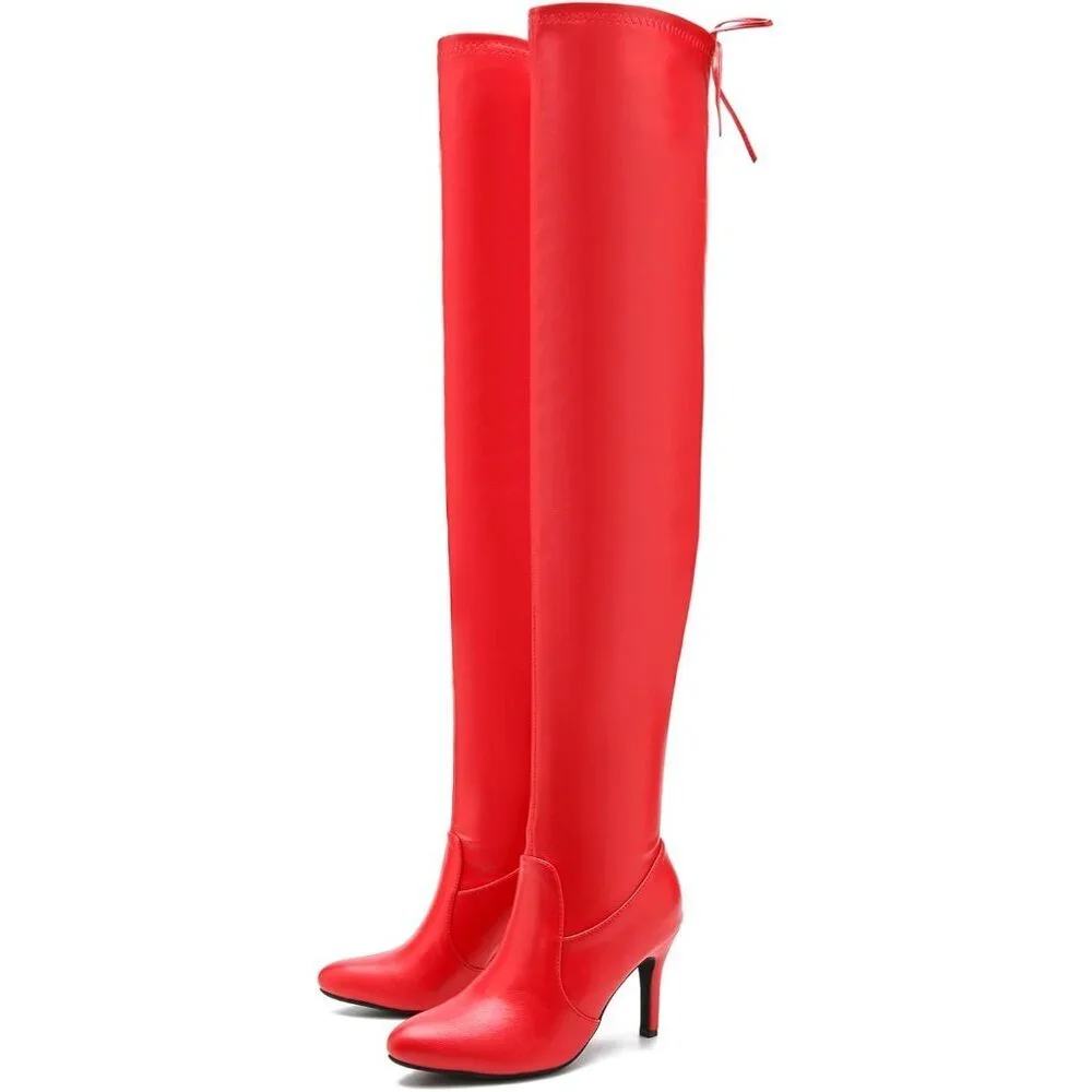 Women Red Polyurethane Pointed Toe Over The Knee Thigh High Stiletto Heel Boot