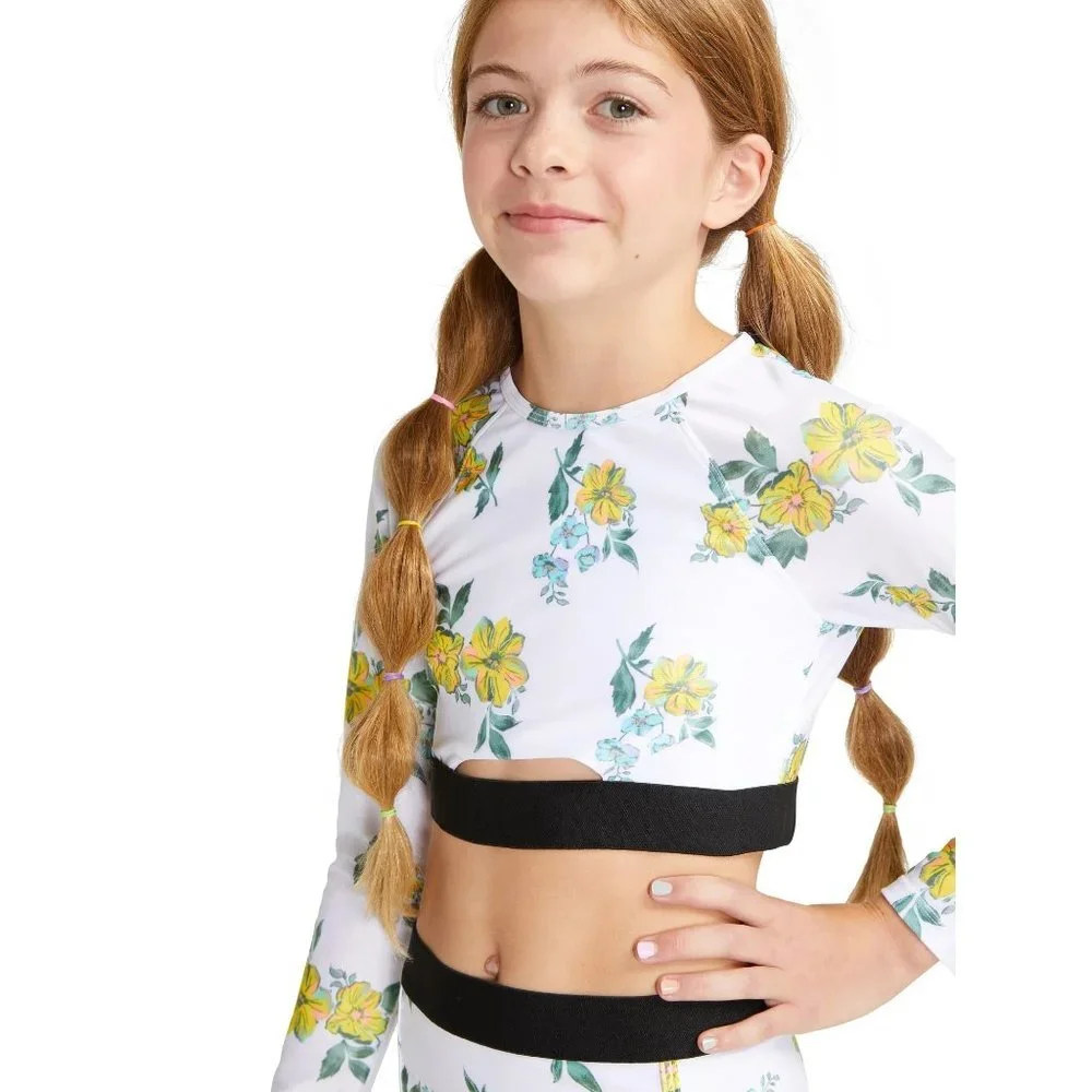 Justice Girls Long Sleeve Elastic Trim Floral Print Rash Guard Swimsuit TOP‎ Sm