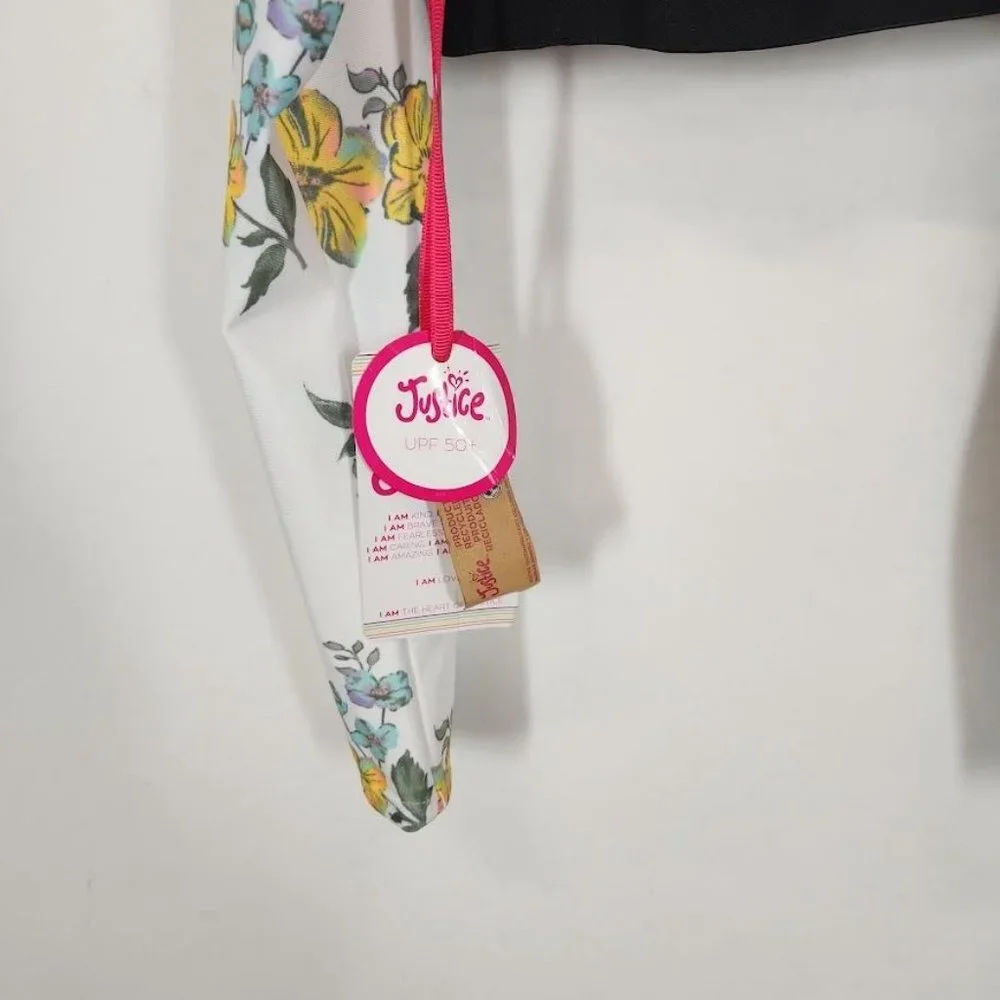 Justice Girls Long Sleeve Elastic Trim Floral Print Rash Guard Swimsuit TOP‎ Sm