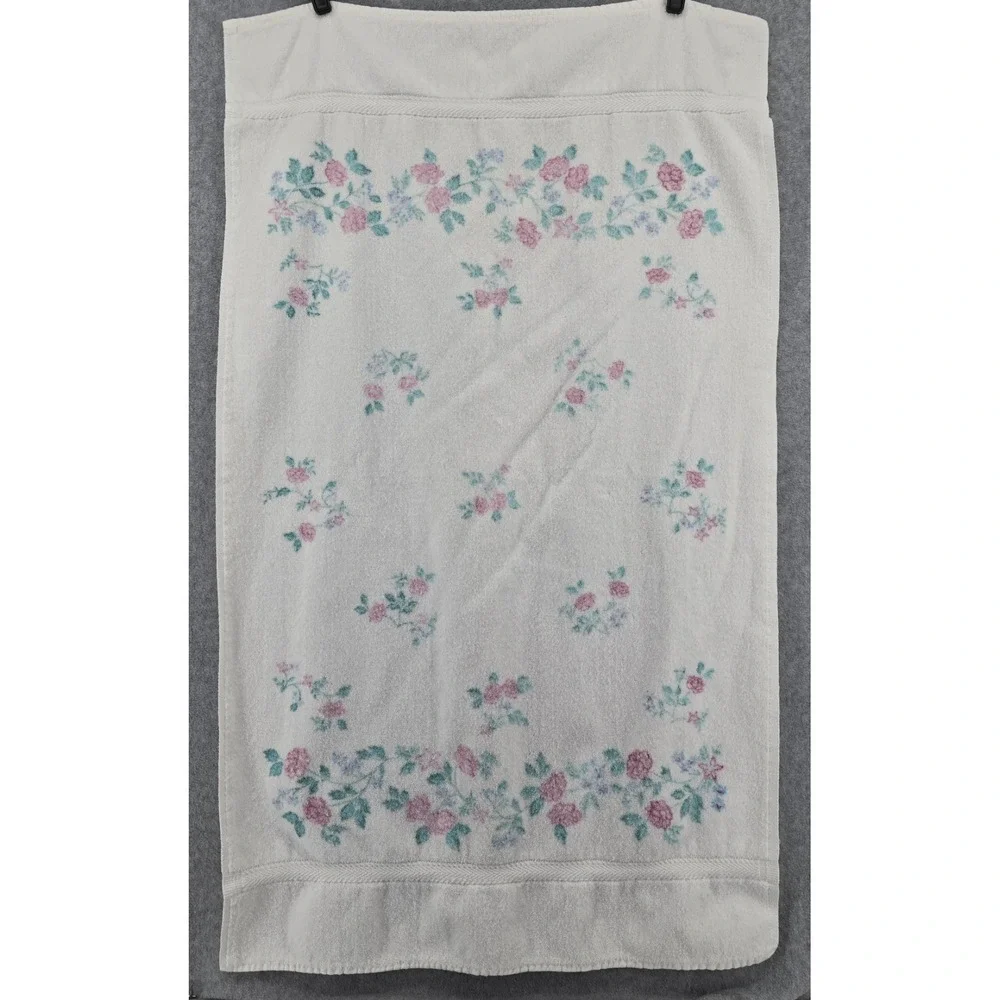 Vintage 1980s Caress Floral Bath Towel Set White Pink Roses 3 Piece 42x25