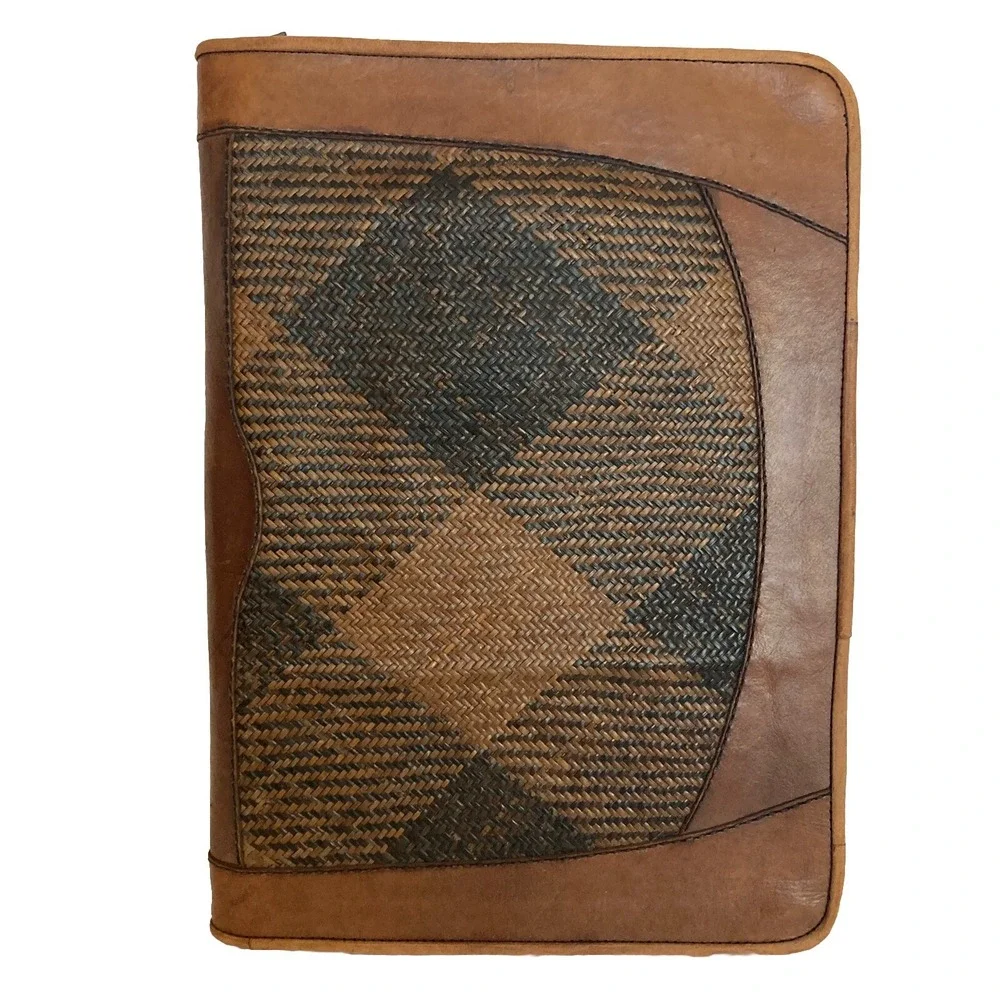 Vtg Woven Leather Zip Around Legal Notepad Folio Folder Organizer Binder Brown