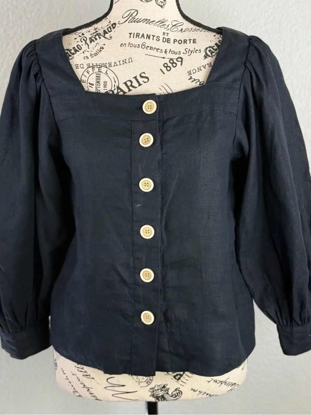 J.Crew Women’s Black 100% Linen Square Neck Puff Sleeve Button Up Blouse size XS