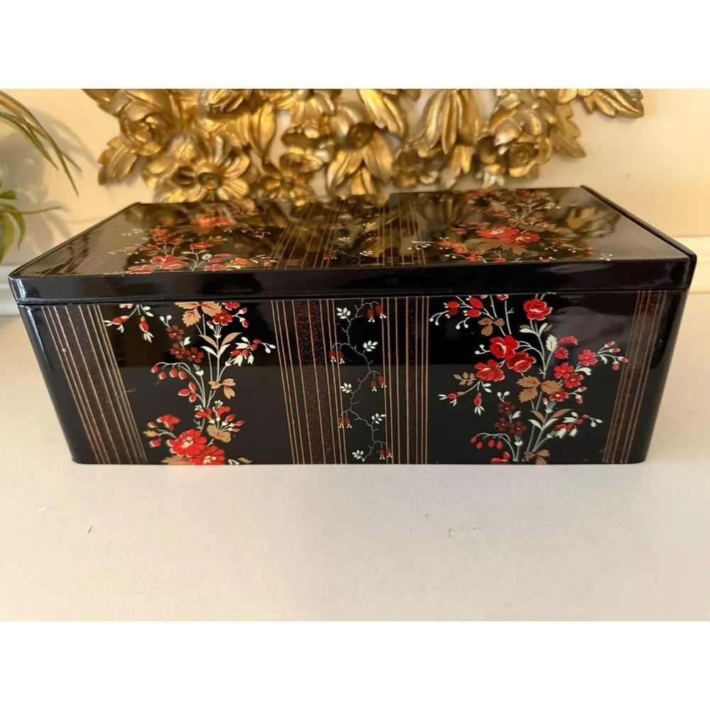 Vintage Japanese Floral Black Lacquer Style Tissue Box Cover with Int. Mirror