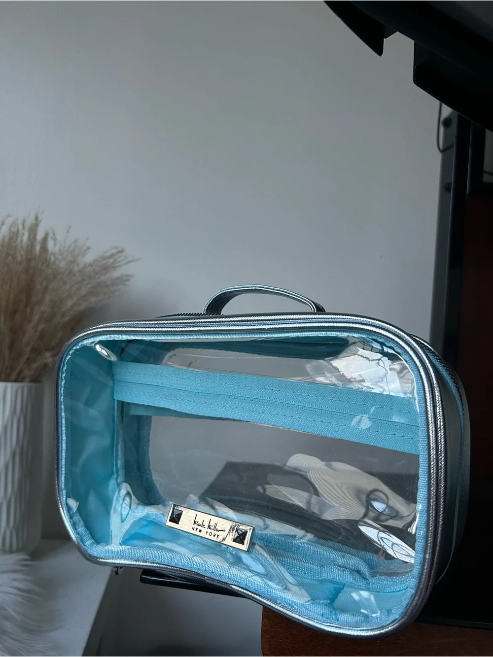 Nicole miller nyc Clear Travel Cosmetic Case with Light Blue Trim