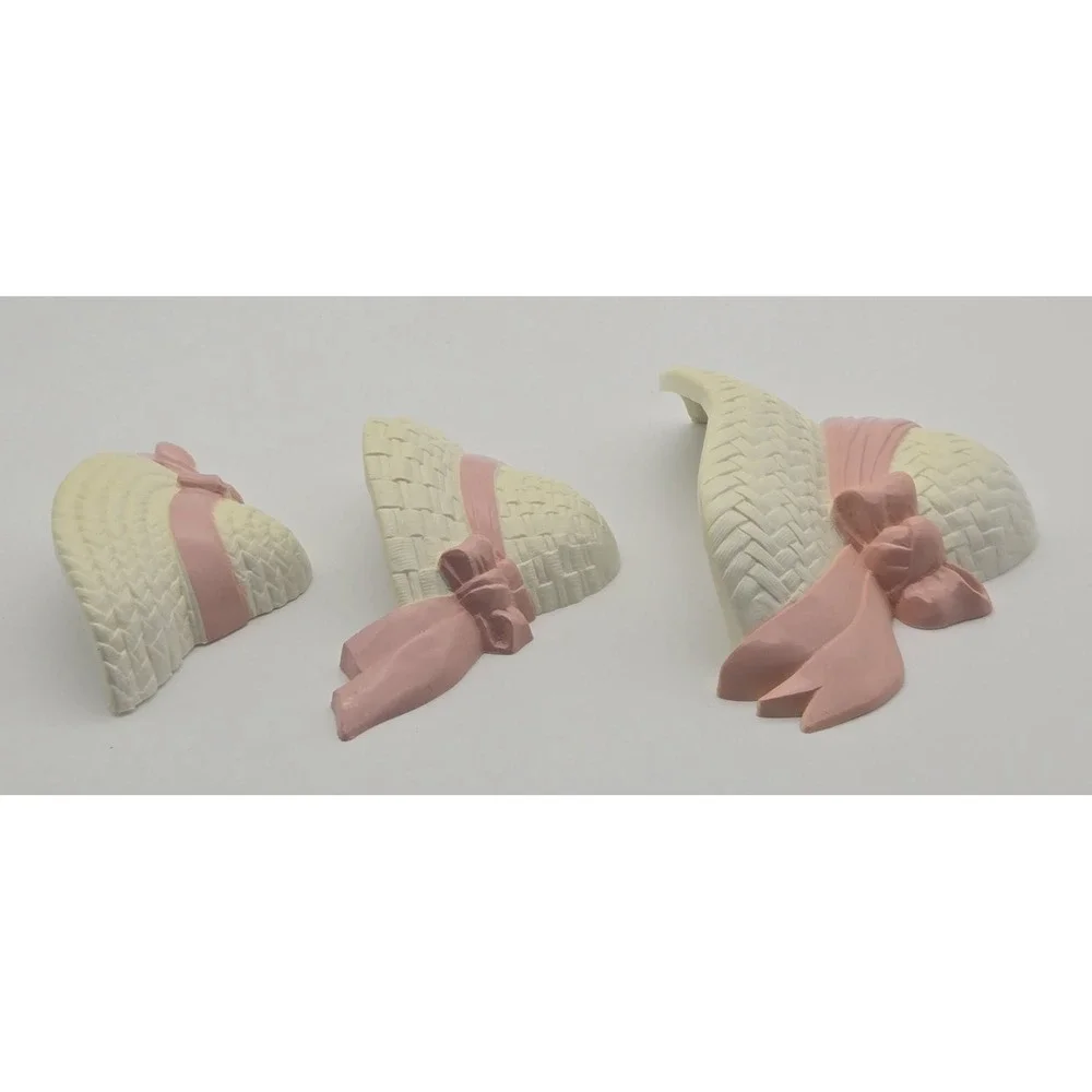 Burwood‎ 1998 USA Wall Plaques Set 3 Pink Ribbon Straw Hat Shabby Chic Decor