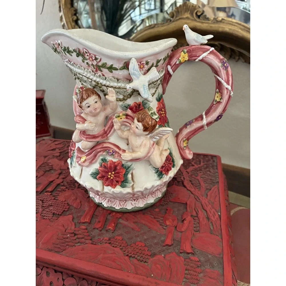 Cherub and Dove Poinsettia-like Floral Motif Decorative Pitcher Fairy Celestial