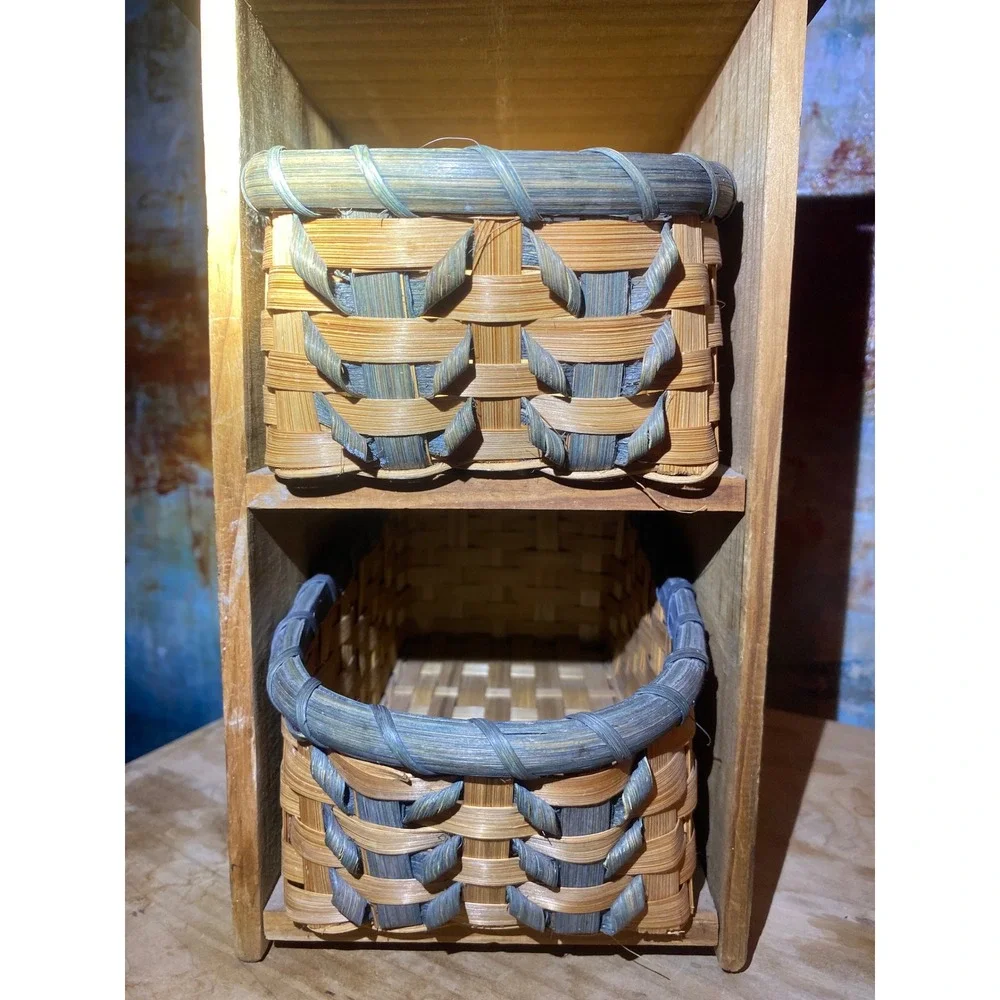 Rustic Wood 2 Tier Storage Organizer with Woven Baskets Natural Blue Grey