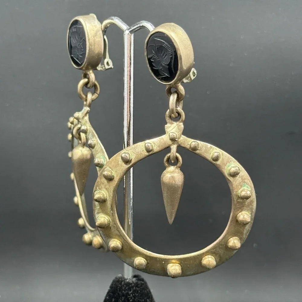 Vintage Sterling Silver Clip-On Earrings with Carved Black‎ Onyx Cameos – 2.75
