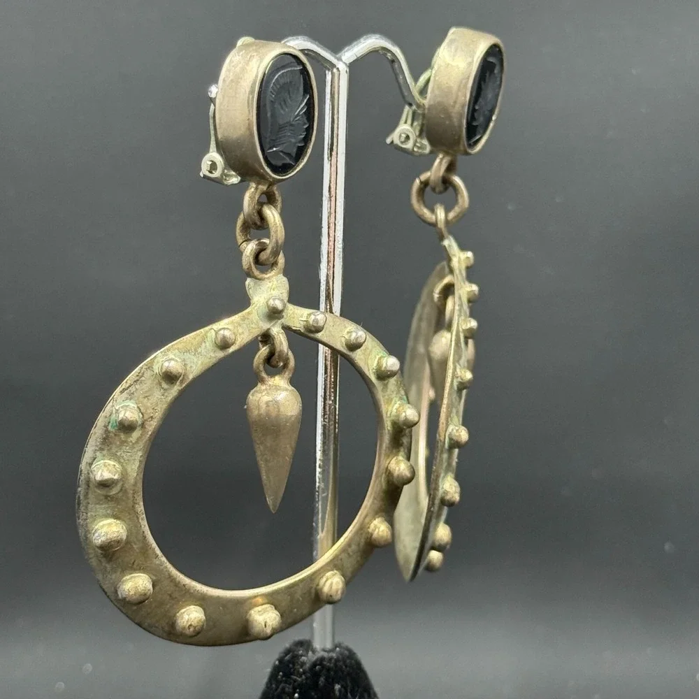 Vintage Sterling Silver Clip-On Earrings with Carved Black‎ Onyx Cameos – 2.75