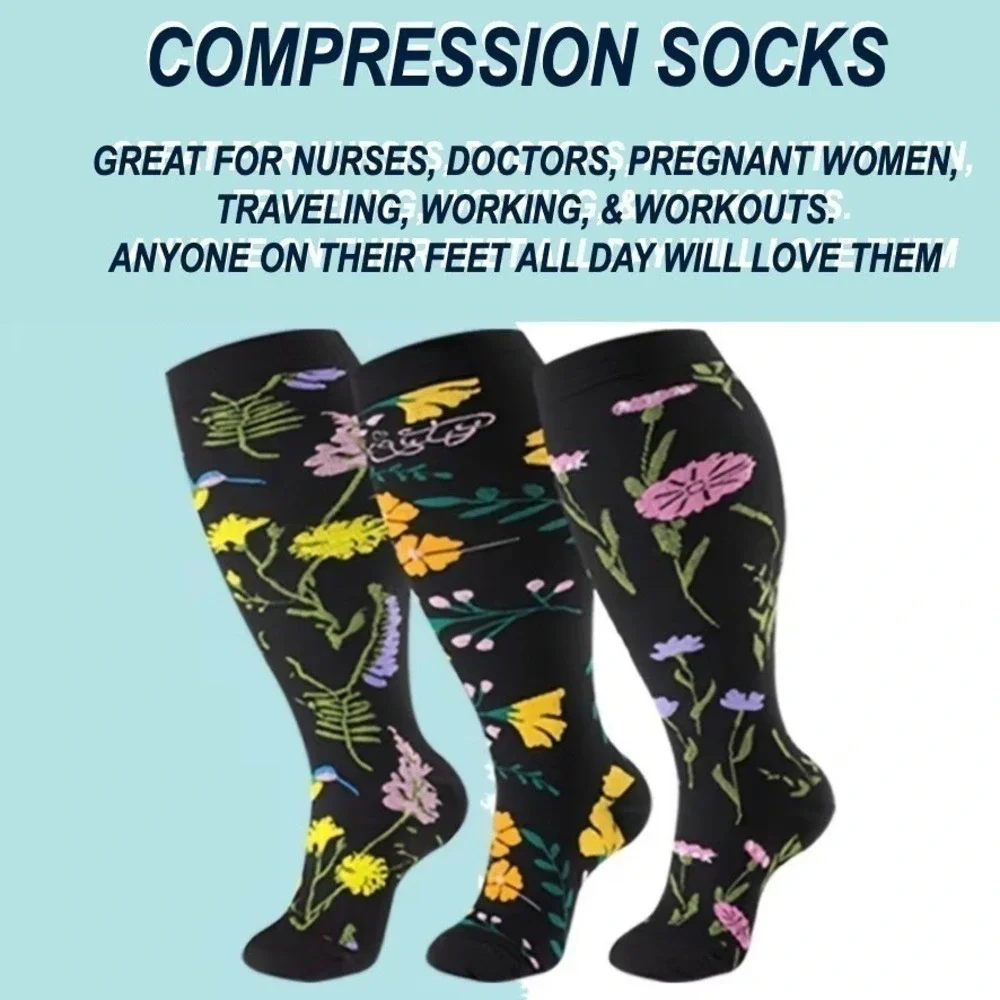 Unisex 15-20 mmHg Compression Socks 4XL Floral Knee High Medical Black‎ 3 Pack
