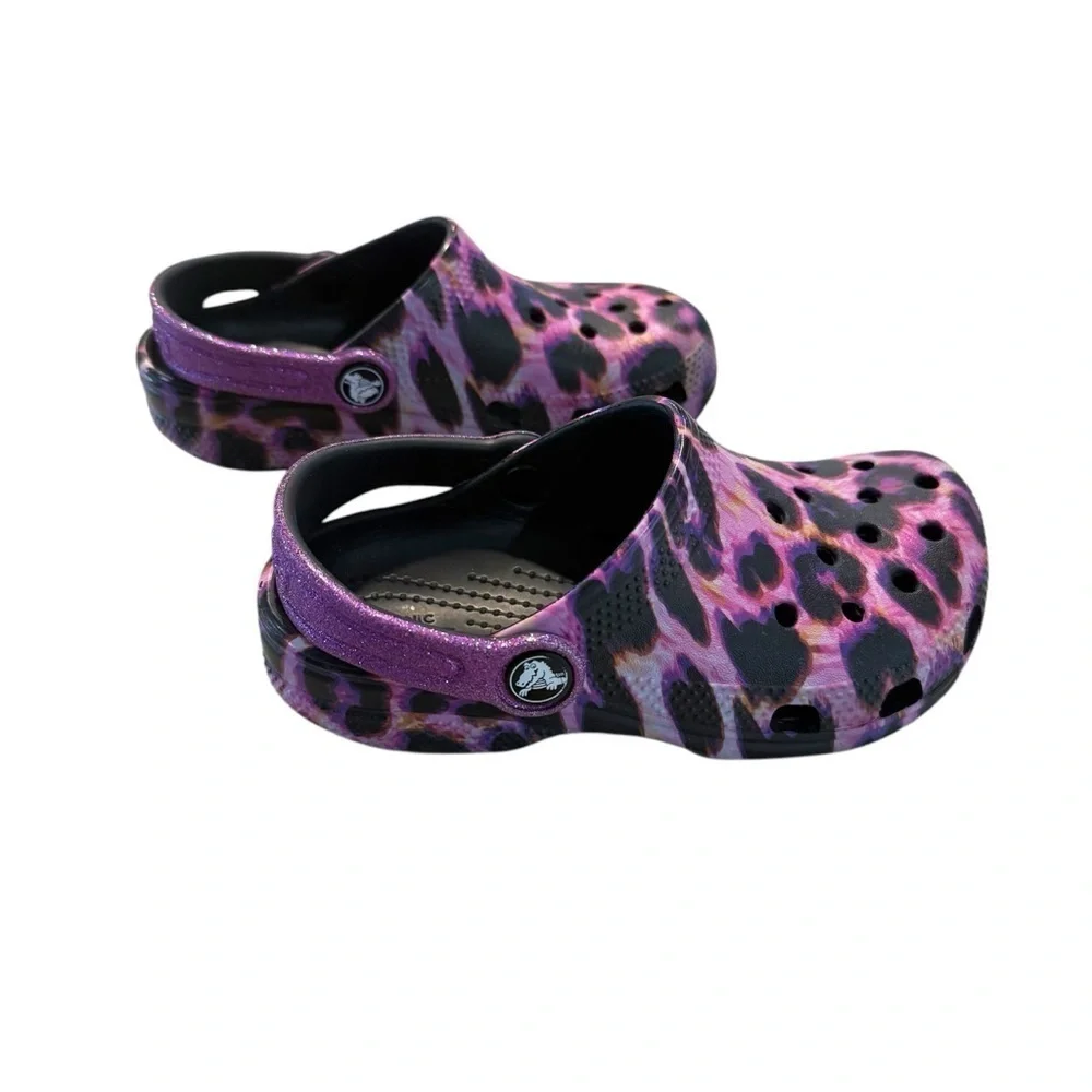 Girl’s Purple and Pink Animal Print Classic CROC with Glitter Strap. EUC