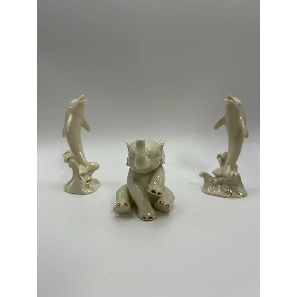 LENOX Porcelain Dolphins & Elephant Figurines 24k Gold Vintage (Lot of 3)