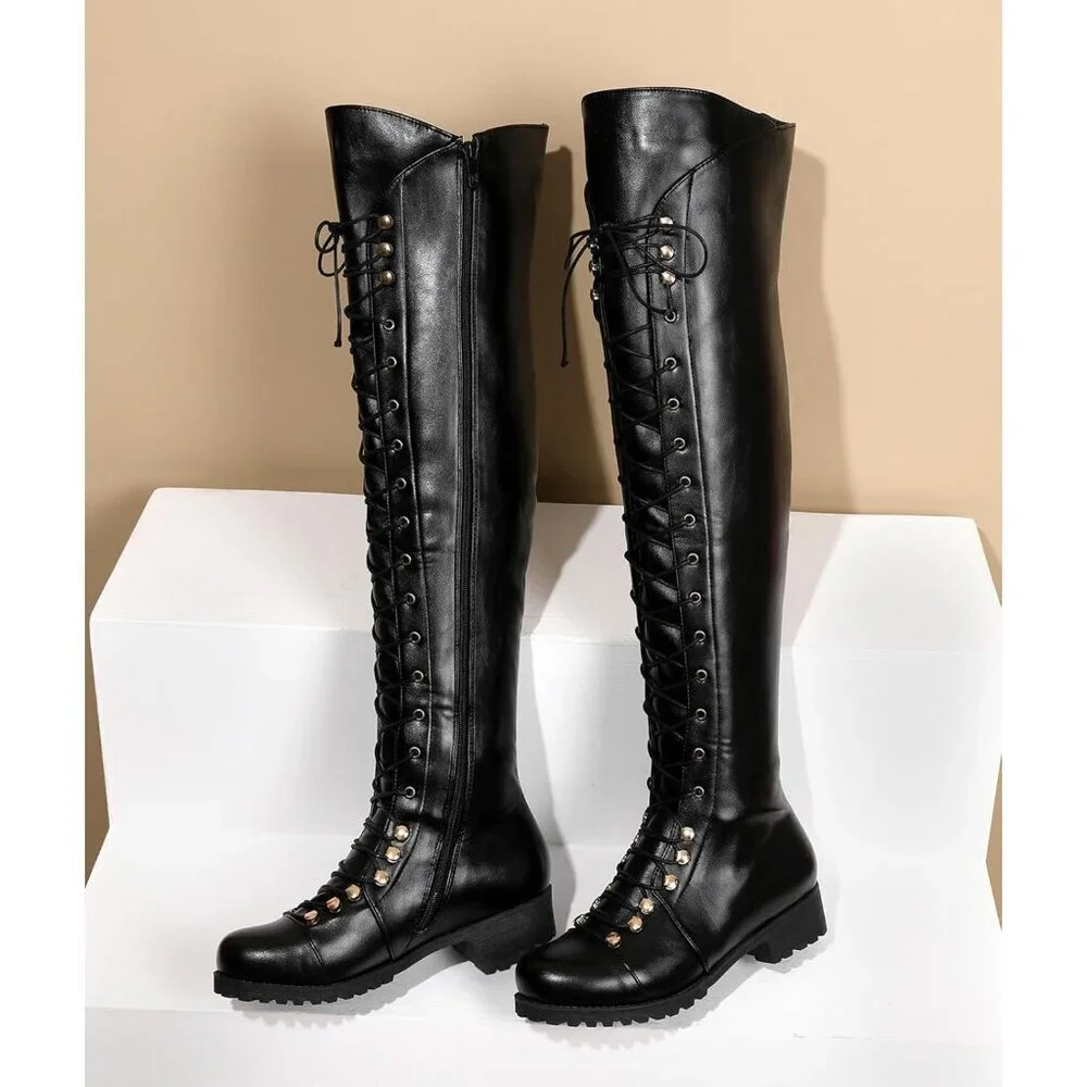 Women's Black Faux Leather Over The Knee Square Toe Thigh High Combat Boots
