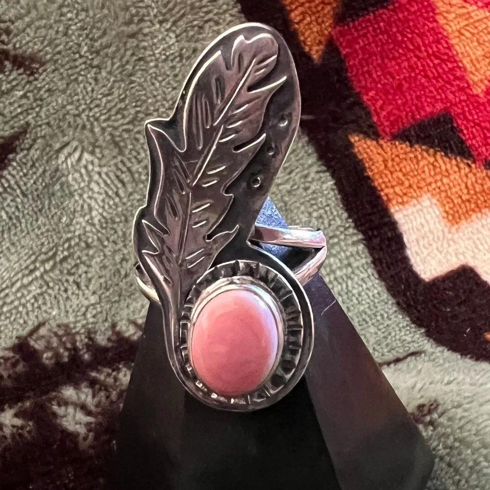 ❤️ Queen Pink Conch Feather Statement Ring 925 Sz 8.5 Southwest Native Influence