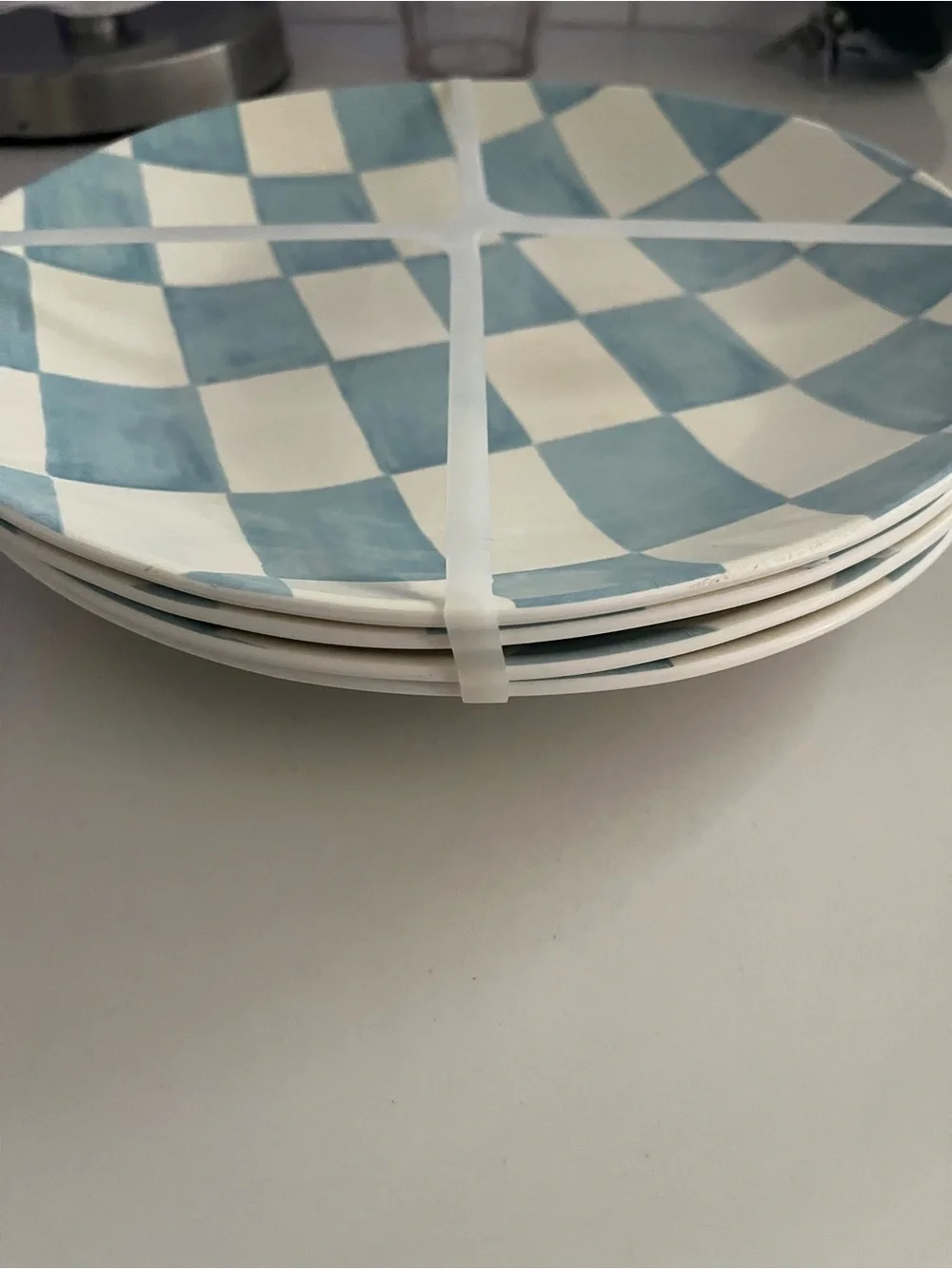 Blue Checkered Durable PLASTIC SET OF 4 plates