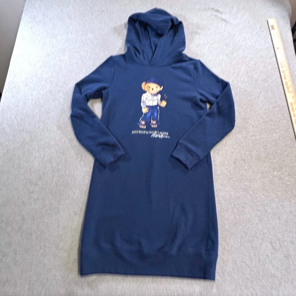 Polo Ralph Lauren Polo Bear Hoodie Dress Girls L 12 14 Blue Sweatshirt Dress