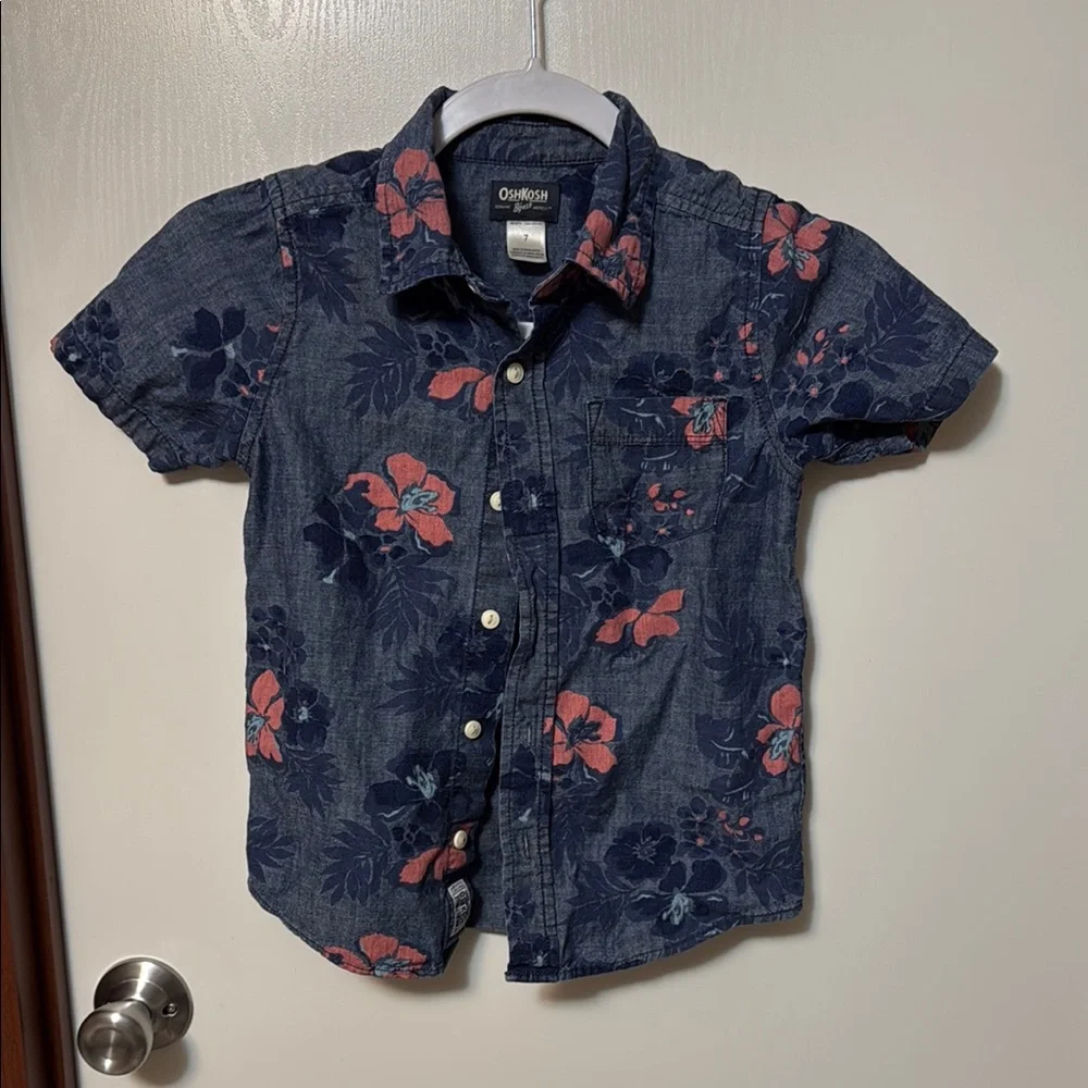 OshKosh B'gosh Kids Floral Denim Shirt - Blue and Pink Size 7
