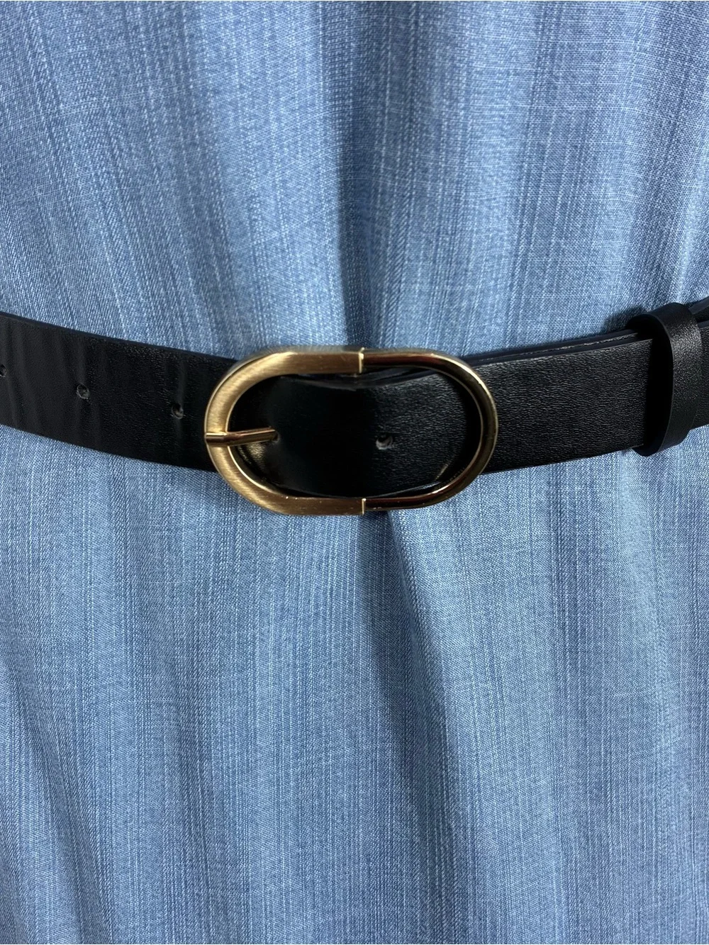 Womens belt 38” long black faux leather gold oval buckle Corpcore