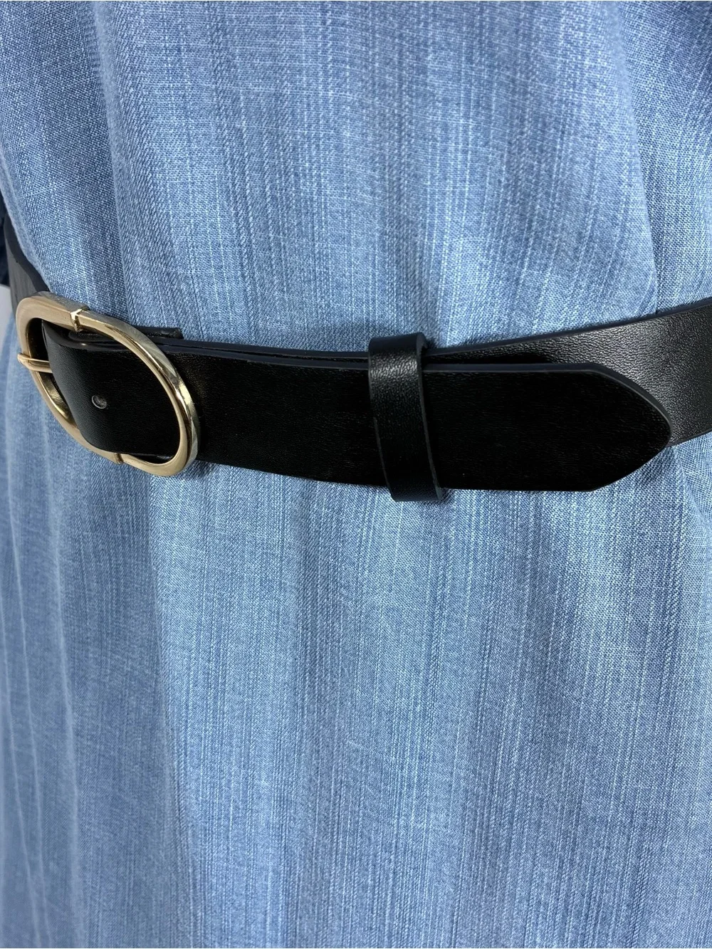 Womens belt 38” long black faux leather gold oval buckle Corpcore