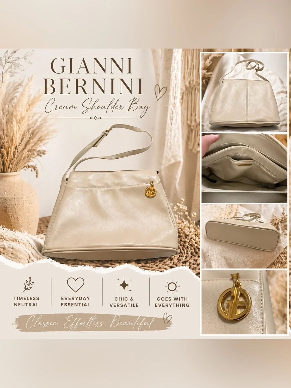 Gianni Bernini Cream Faux Leather Shoulder Bag