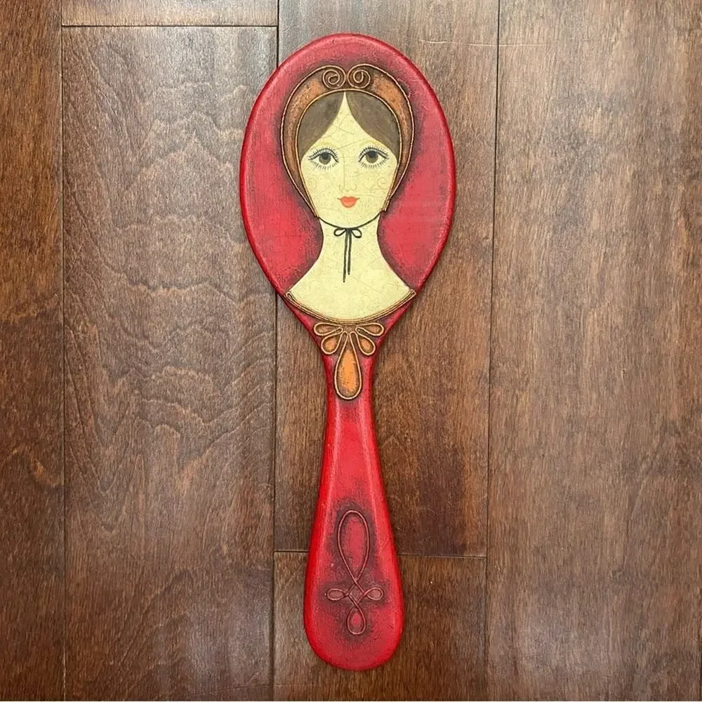 Rare Vintage 1960s Red Wooden Handmade Decorative Hand Mirror, Artist Signed