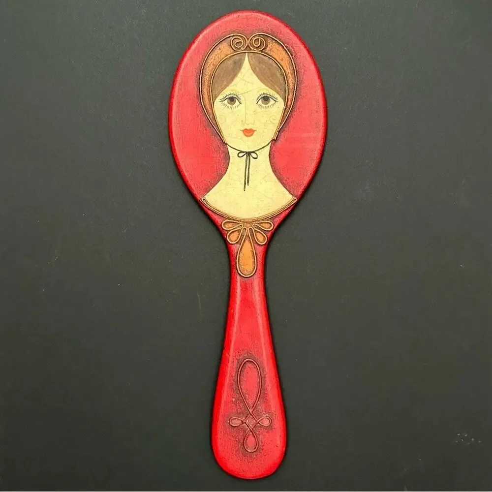 Rare Vintage 1960s Red Wooden Handmade Decorative Hand Mirror, Artist Signed