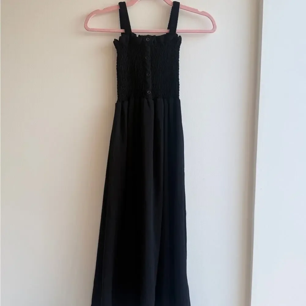 Black Smocked Sundress with Buttons