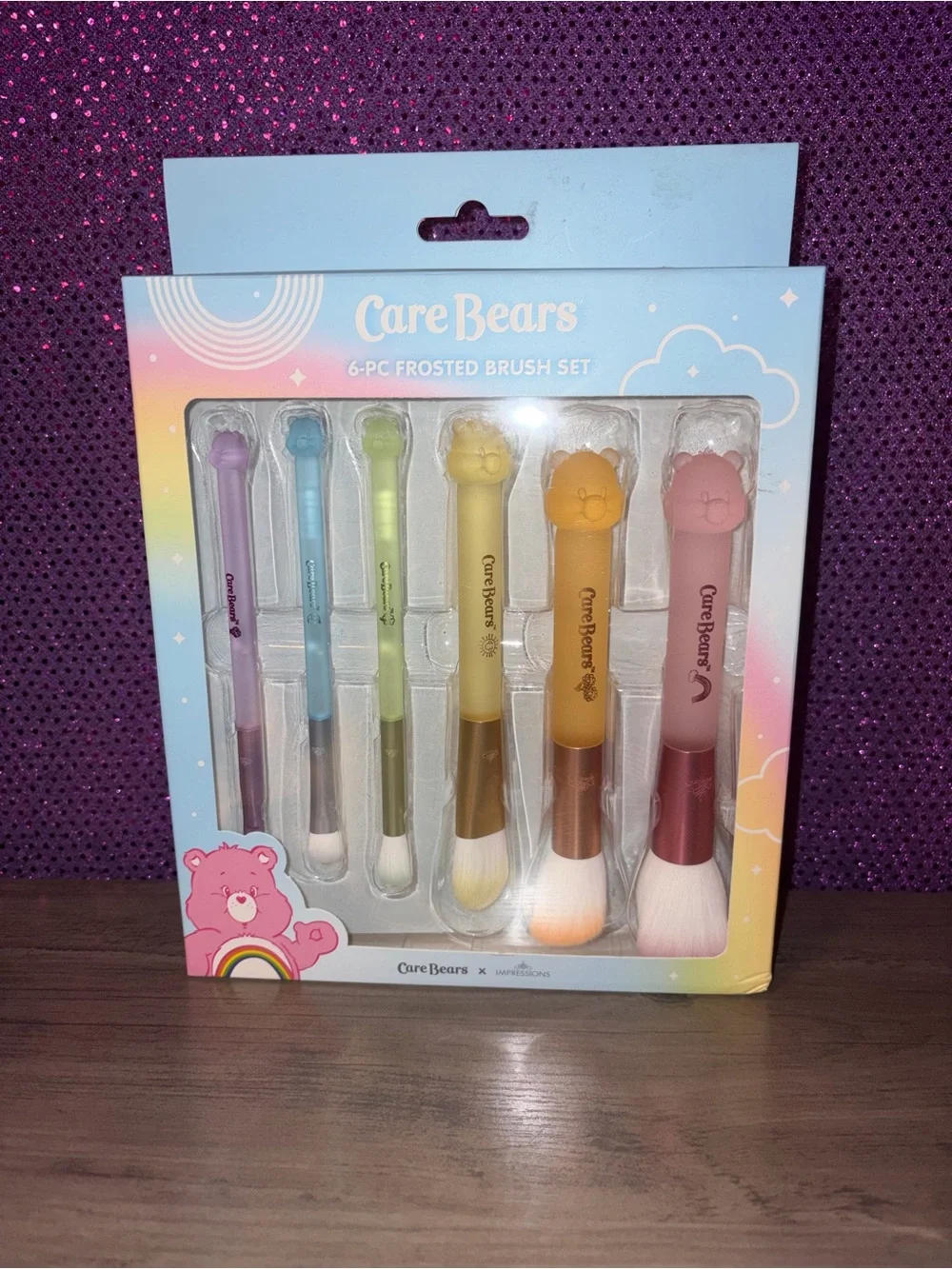 Care Bears Pastel Rainbow 6 Pc Makeup Brush Set Bear Handle Brushes NIB