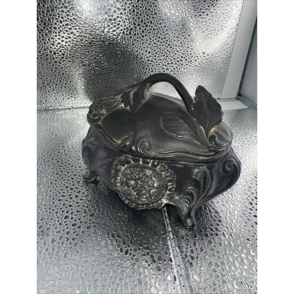 Antique Art Nouveau jewelry casket trinket box‎ heavy floral #122 4.5