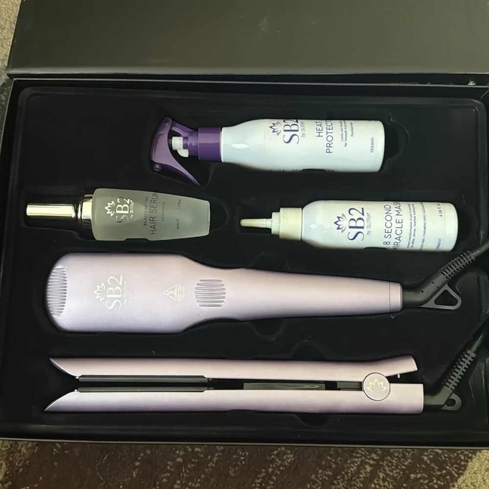 Sutra Beauty 5-Pc. Hair Styling Gift Set; Flat Iron, Heat Brush, Protectant NEW