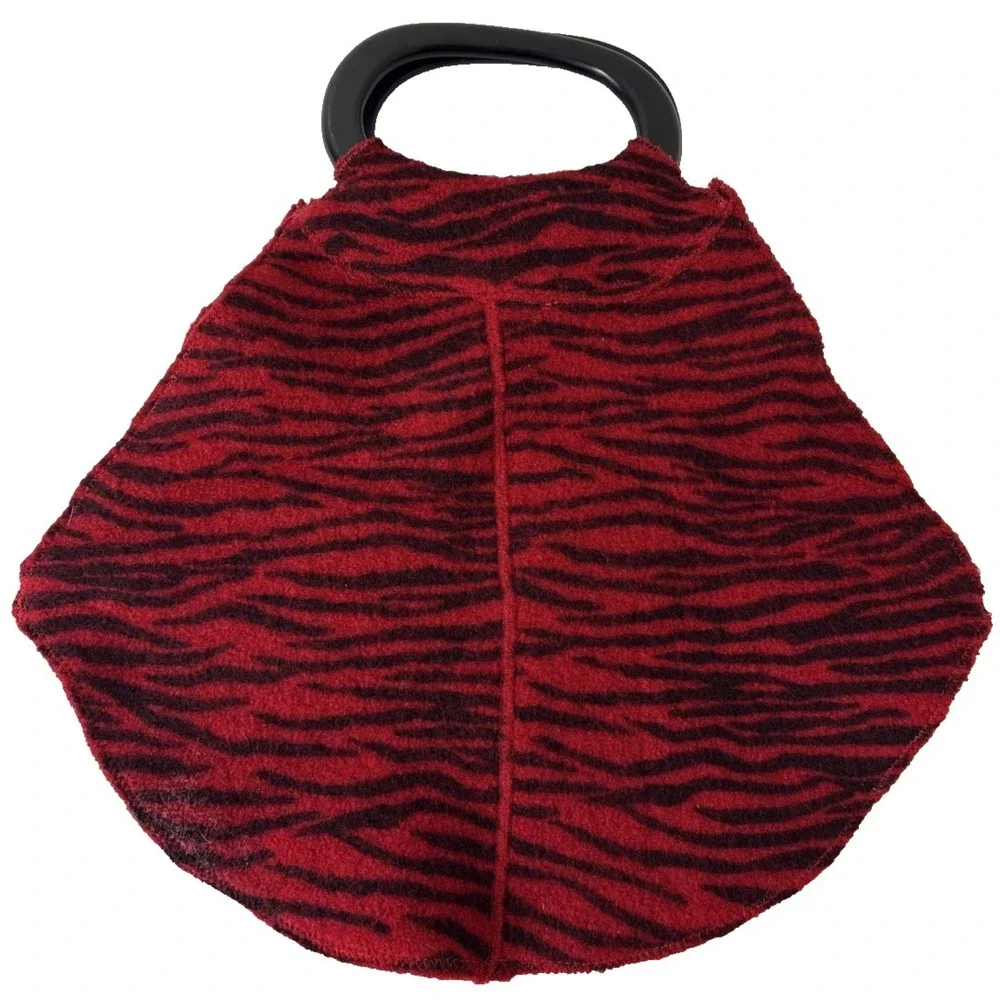 Wool Zebra Print Top‎ Handle Bag Handbag Purse Wood Handle Red Black
