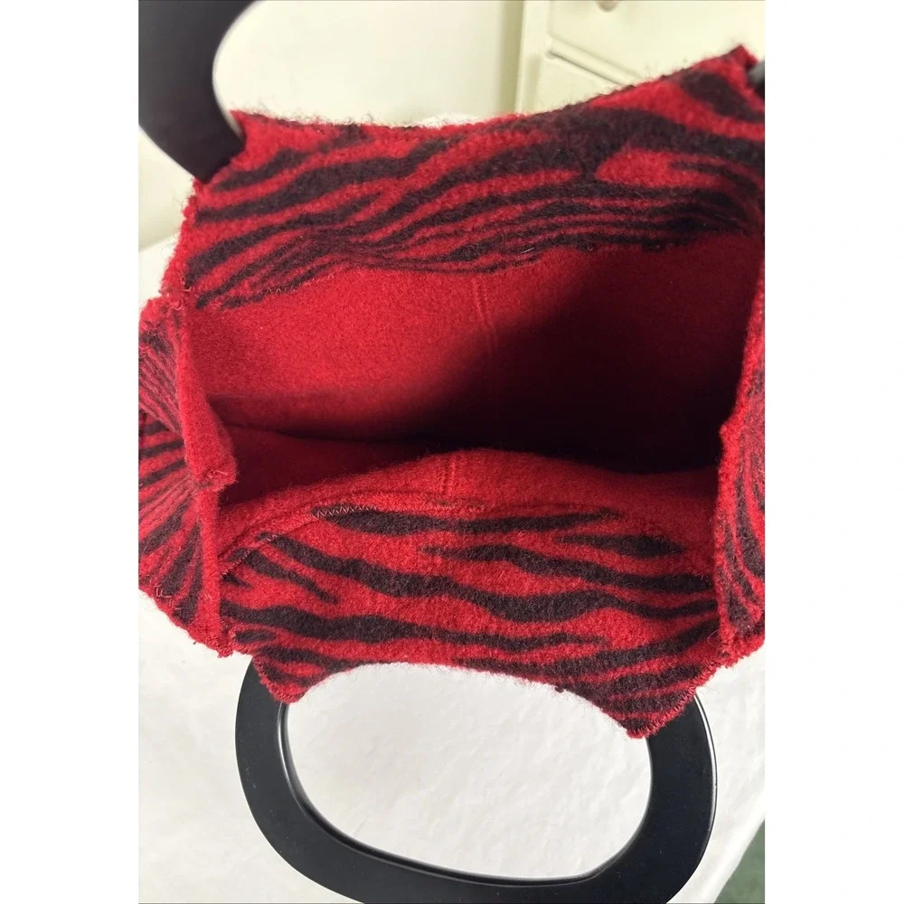 Wool Zebra Print Top‎ Handle Bag Handbag Purse Wood Handle Red Black