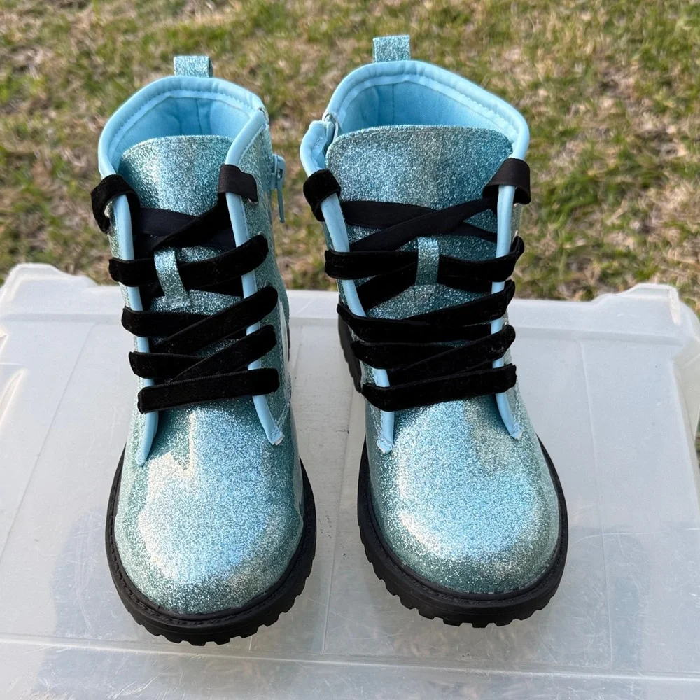 Sparkly Blue Kids Boots with Black Laces