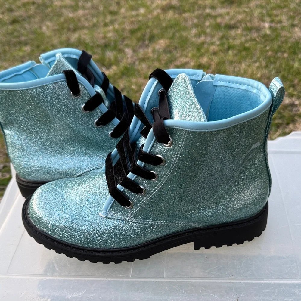 Sparkly Blue Kids Boots with Black Laces