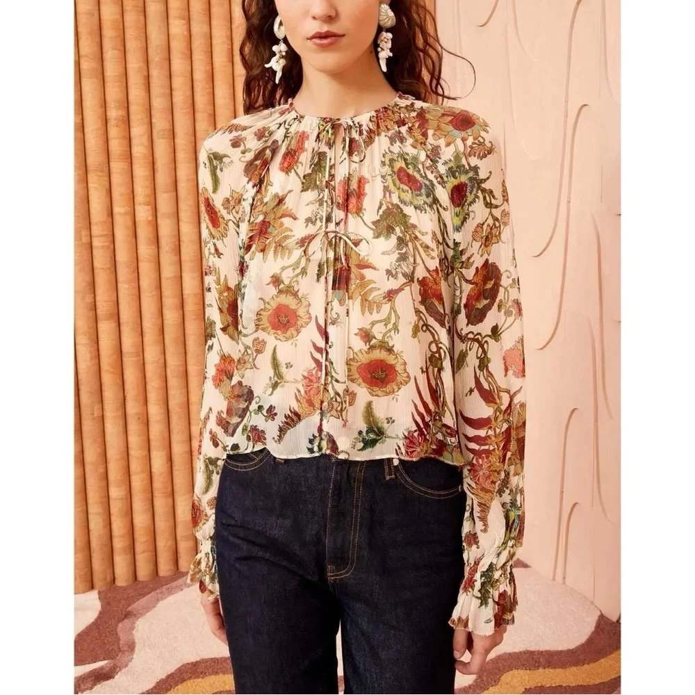 NWT Ulla Johnson Silk Long-Sleeve Floral Bernadette Blouse