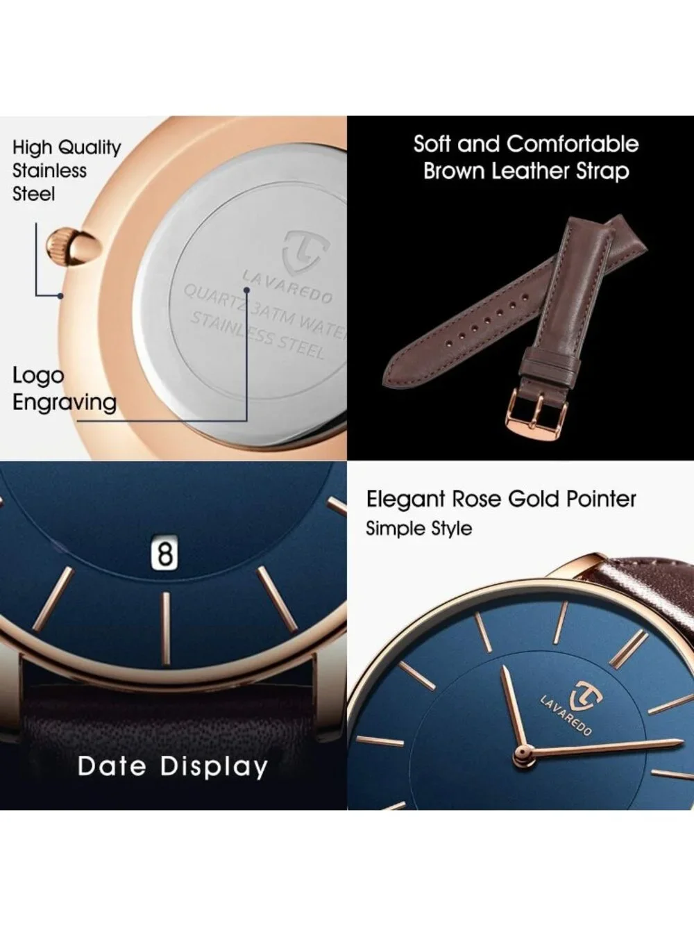 Mens Blue Brown Leather Strap Analog Minimalist Fashion Simple Round Wrist Watch